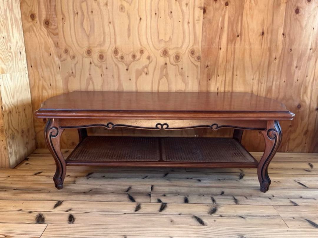 古いローテーブル木製座卓 籐収納棚付きアンティークヴィンテージレトロ