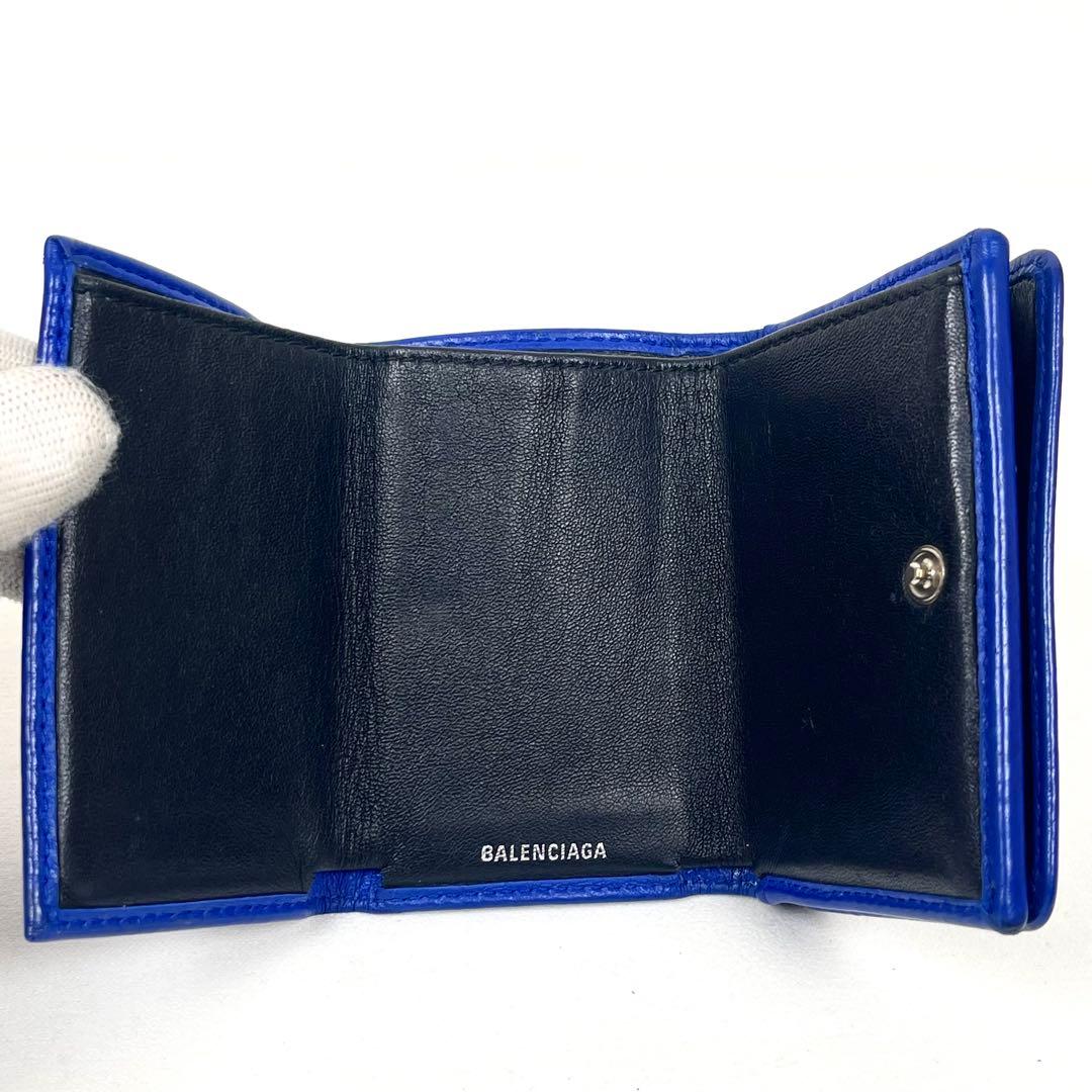 バレンシアガ 三つ折り財布　エブリデイ　ロゴプリント　レザー　ブルー　ミニ財布