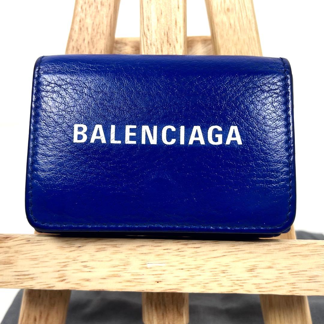 バレンシアガ 三つ折り財布　エブリデイ　ロゴプリント　レザー　ブルー　ミニ財布