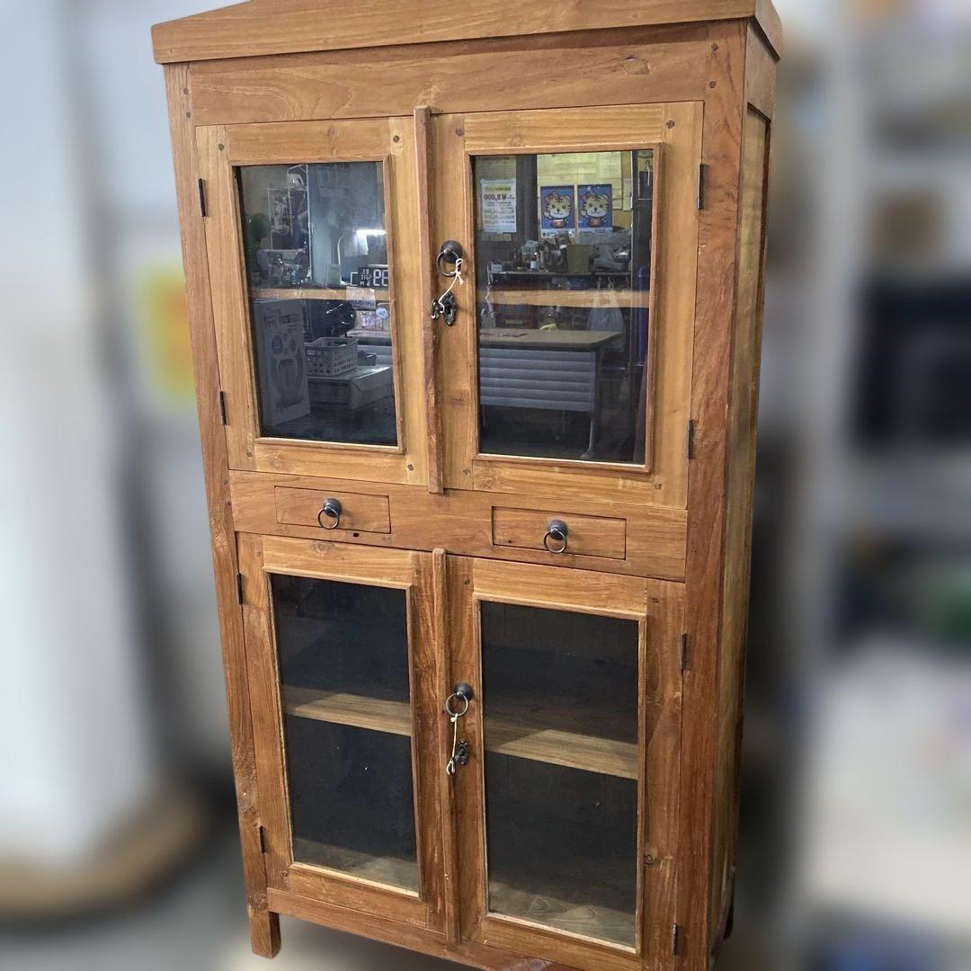 【@002】木製キャビネット ガラス扉 引き出し付き