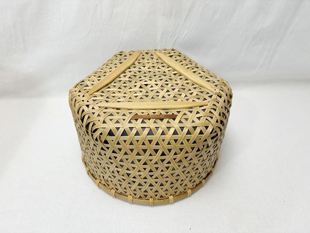 未使用 茶道具 平安 竹美斎作 利休好 鱗篭竹炭斗 刻印 炭取り 竹工芸 共箱