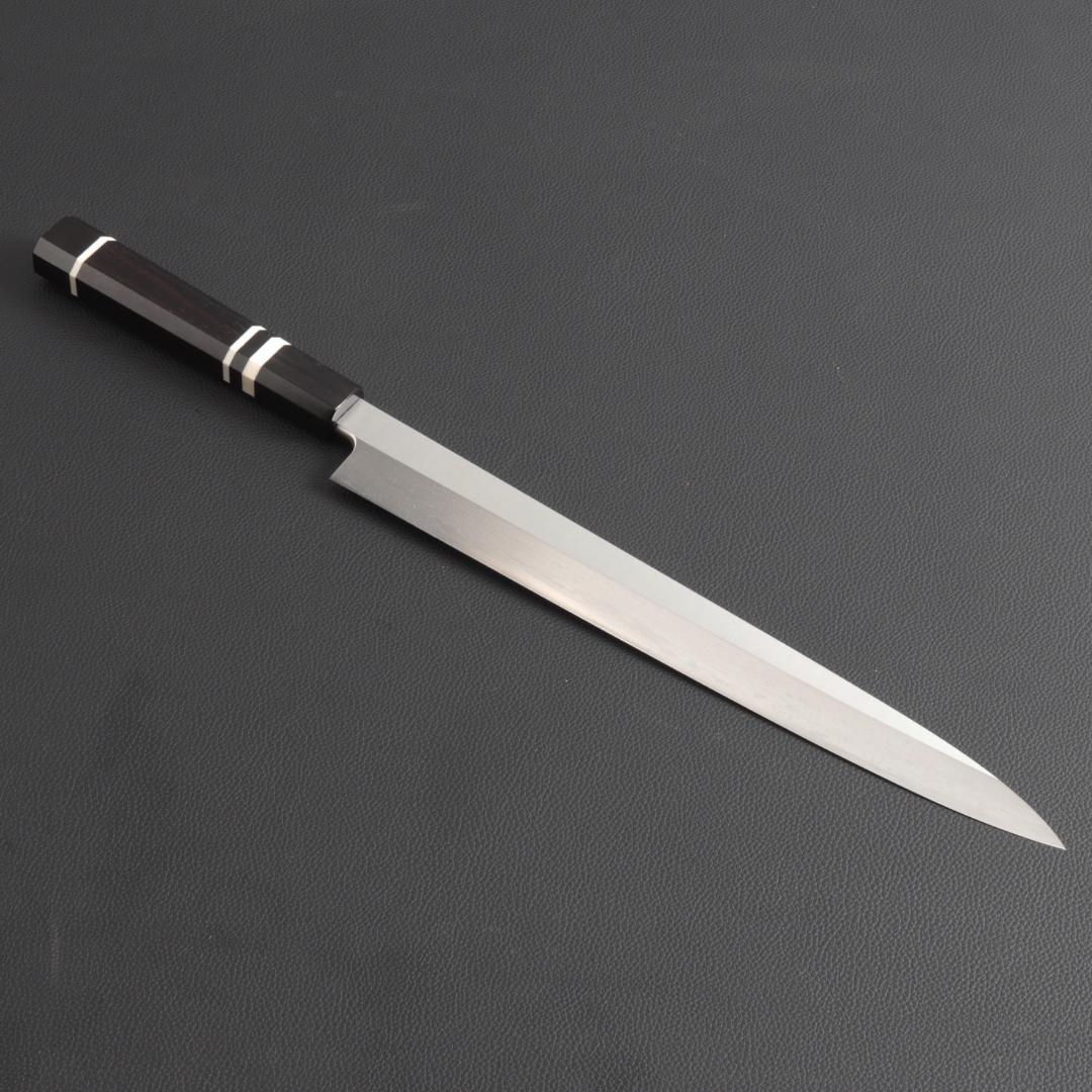 9358 柳刃包丁 9寸 刺身包丁 刃は究極の切れ味 黒檀黒水牛角白三本巻八角柄