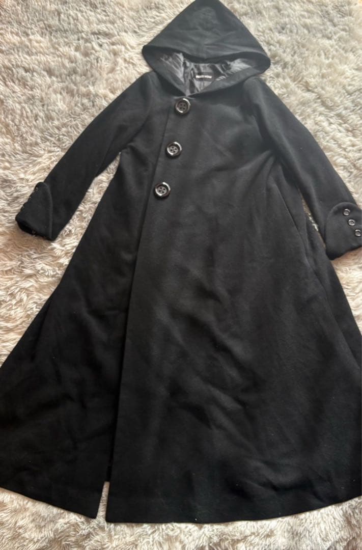 PEACE NOW フードロングコート 黒 M Aライン ピースナウ ウール