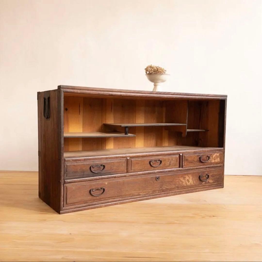 ローボード　3段収納棚　棚にはハーモニカ　希少　古道具　古家具　アンティーク