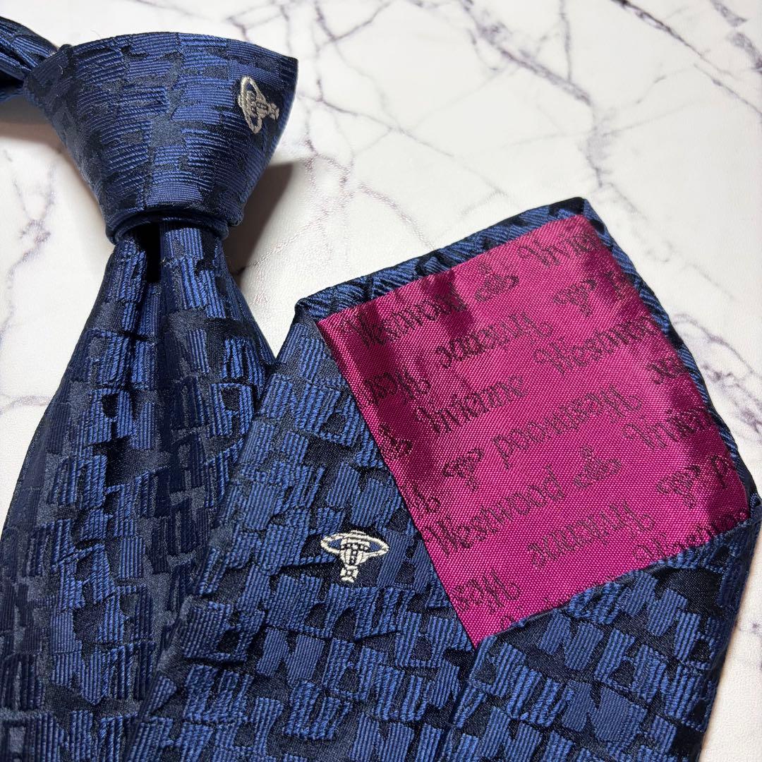 Vivienne Westwoodネイビー シルク ネクタイ 模様入り
