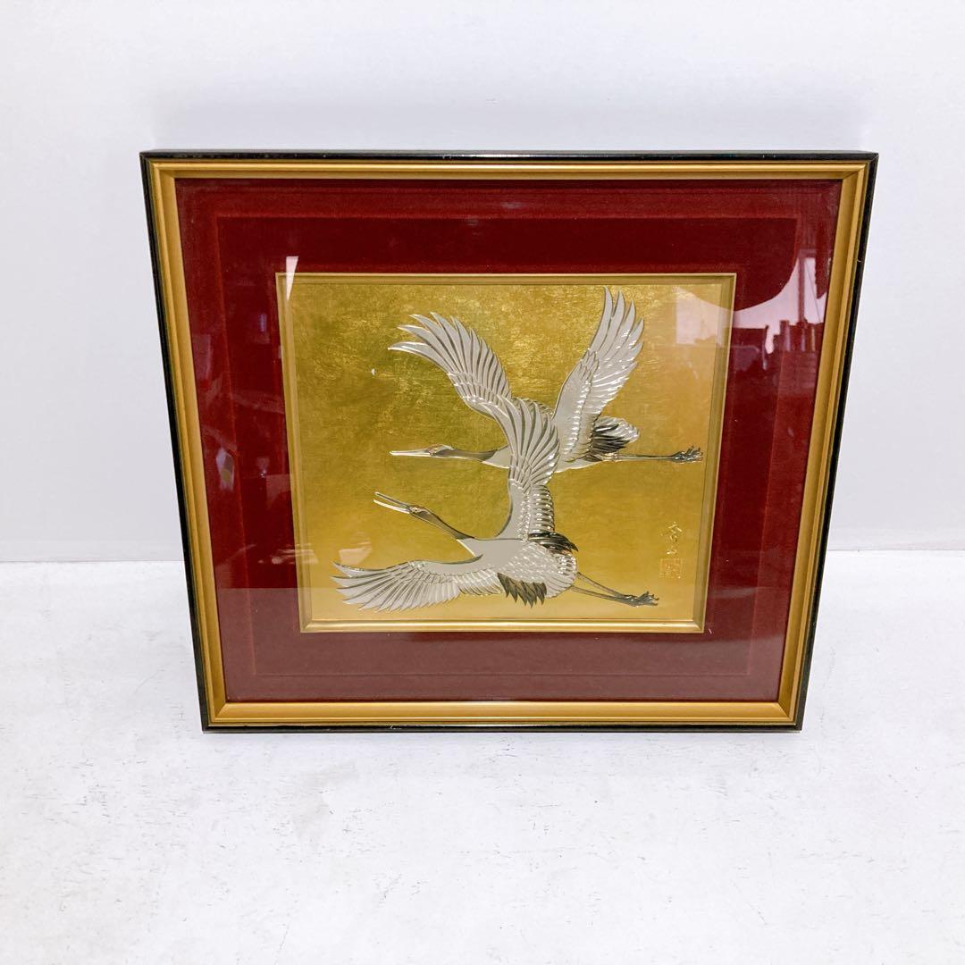 秀山作 壁飾り 額装 彫金 金銀細工 額縁 金属板 美術品 伝統工芸