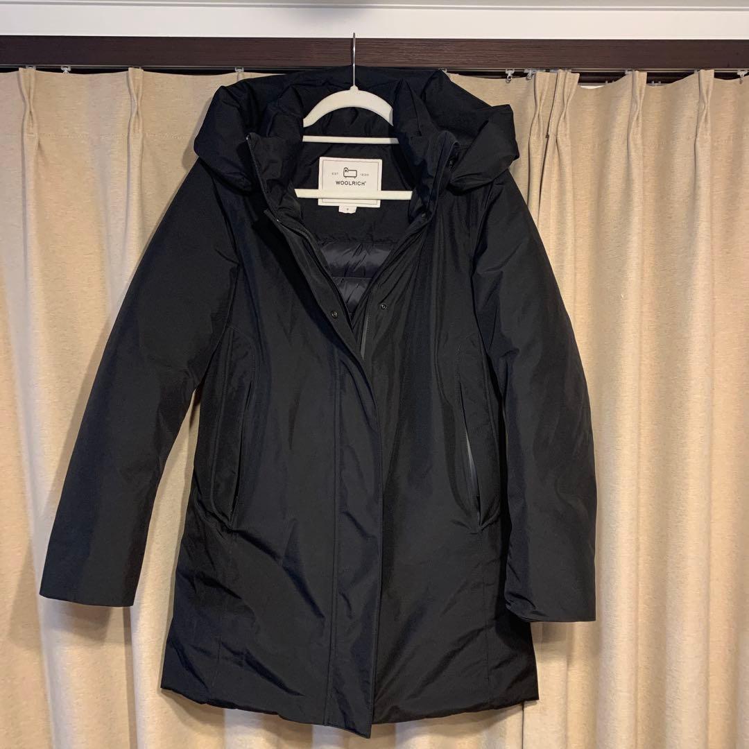 超美品WOOLRICH フード付きロング丈ダウンジャケット ブラック Sフェザー