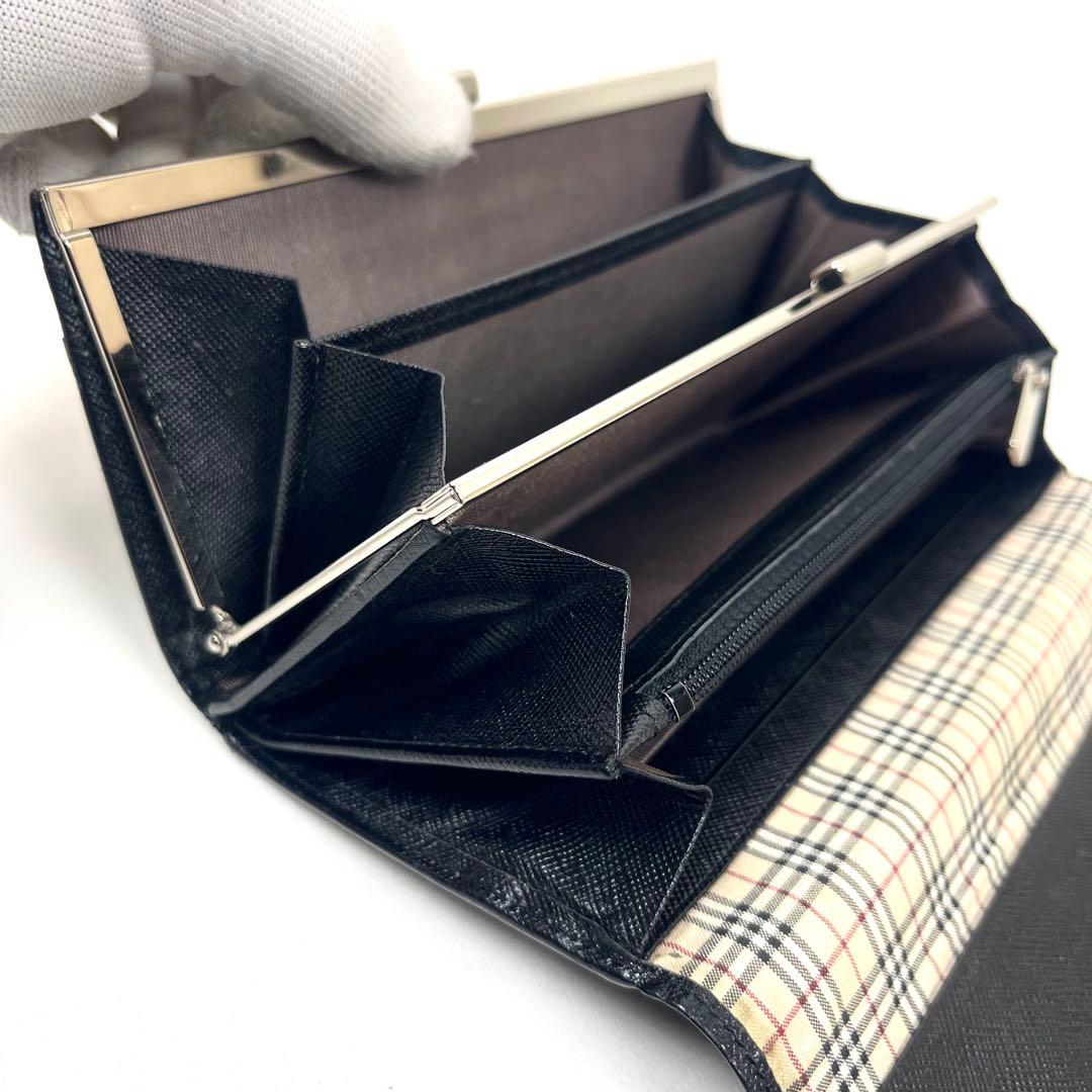 バーバリー　長財布　がま口　ロゴプレート　サフィアーノ　ノバチェック　ブラック