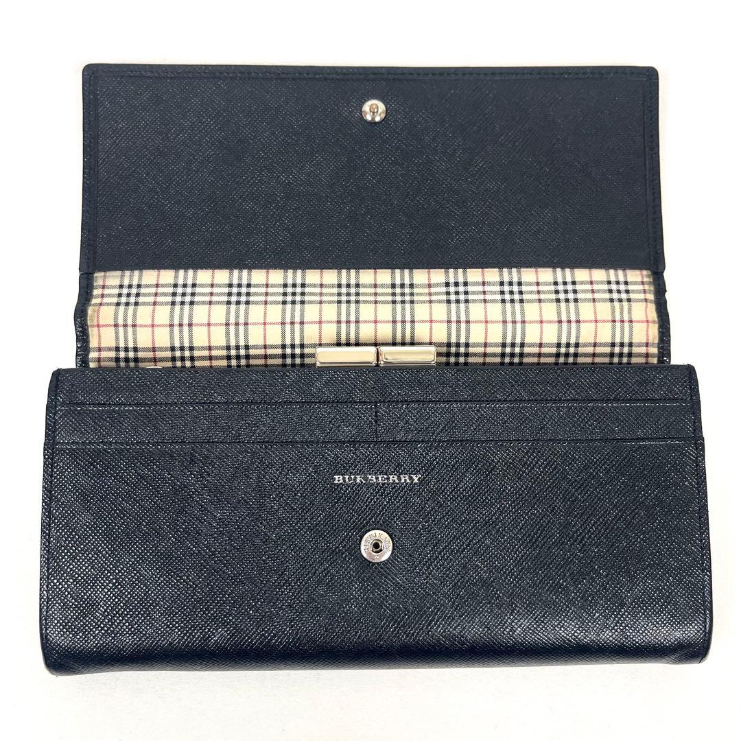 バーバリー　長財布　がま口　ロゴプレート　サフィアーノ　ノバチェック　ブラック