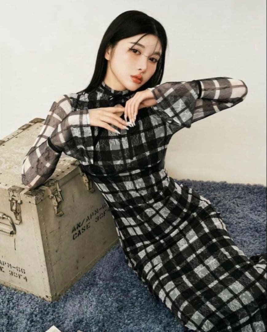 Darich パイピングチェックレースロングワンピース