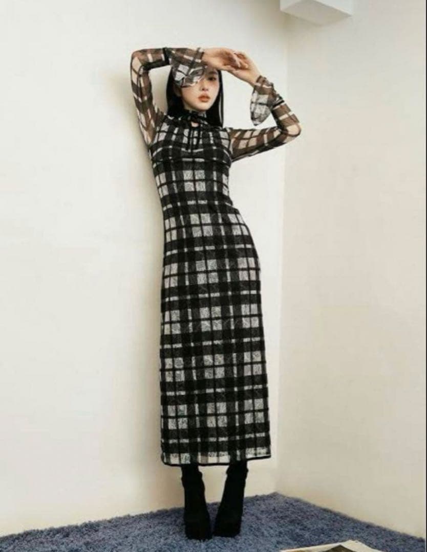 Darich パイピングチェックレースロングワンピース