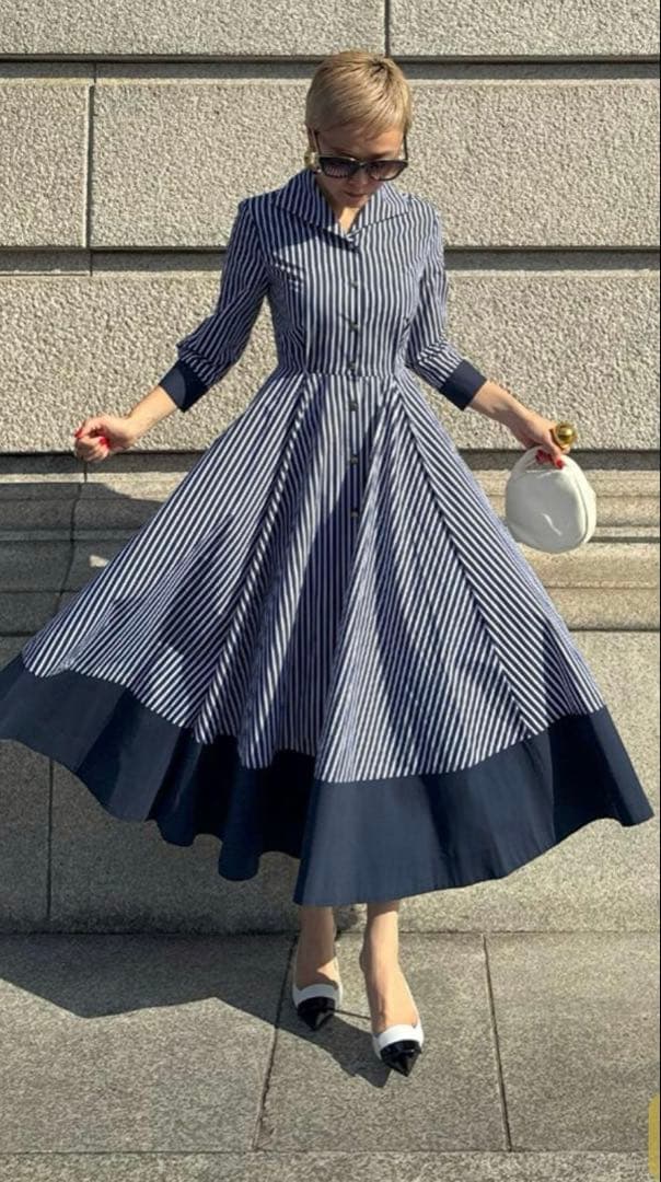 JENNEシャープ配色ワンピースMネイビー