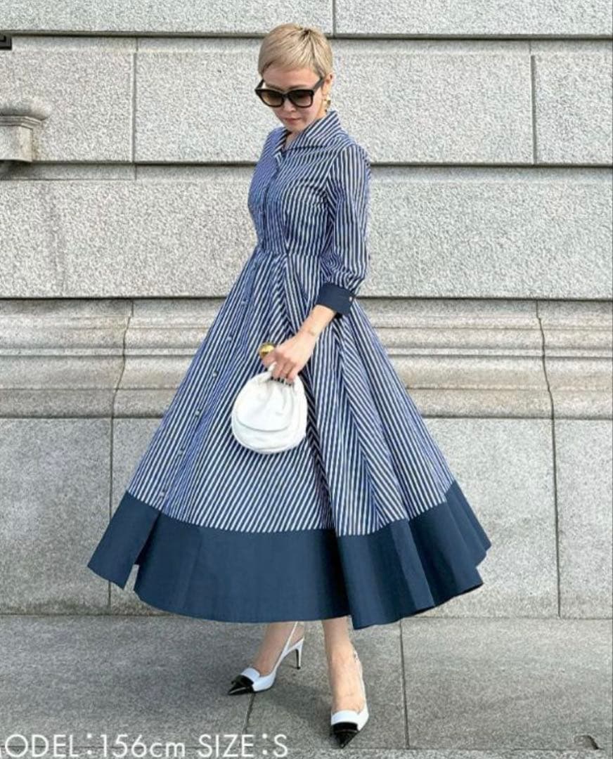 JENNEシャープ配色ワンピースMネイビー