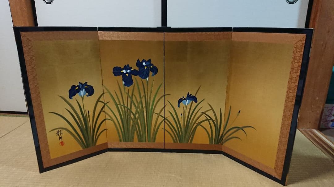 屏風 金閣寺 アヤメの二枚