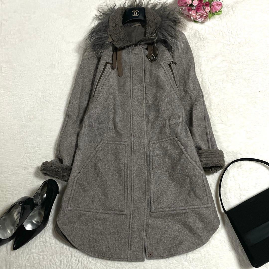 希少● ブルネロクチネリ ロングコート ファー ムートン 切替 ウール グレー