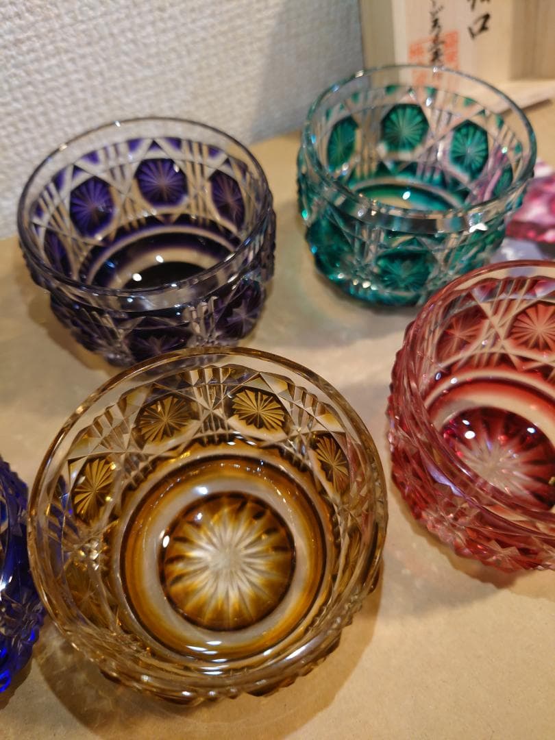 【未使用】薩摩切子　薩摩びーどろ工芸作　五色五客　色被せ　切子猪口