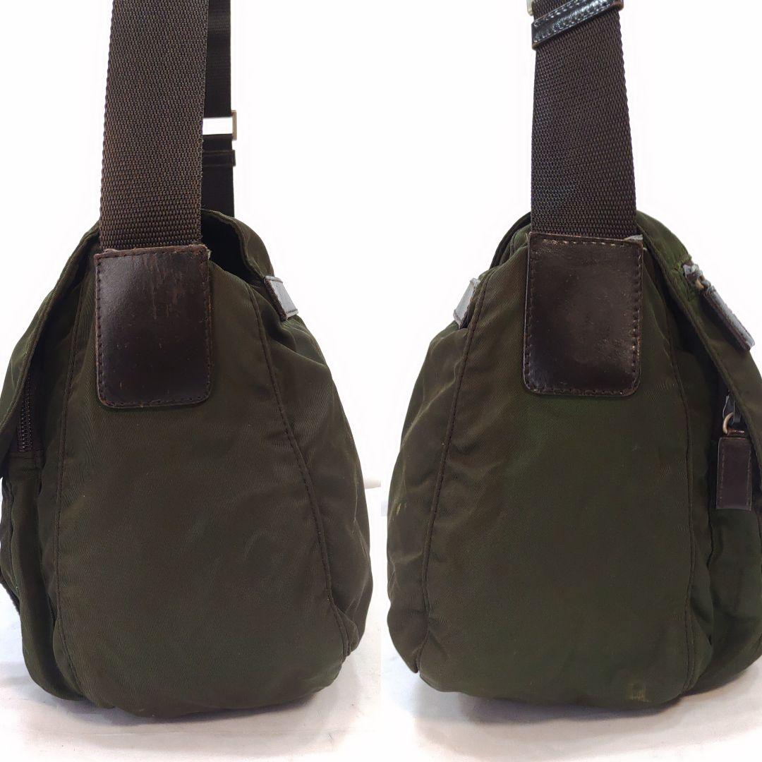 プラダ メッセンジャーバッグ レザー×ナイロン 三角ロゴ ベルト 緑系