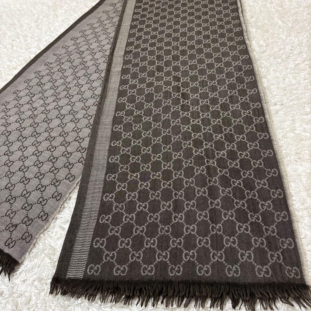 イタリア製　GUCCI ストール　GG柄　ブラウン　大判　ウール　シルク