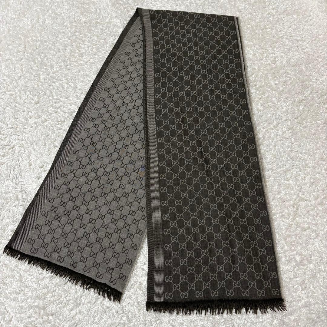 イタリア製　GUCCI ストール　GG柄　ブラウン　大判　ウール　シルク