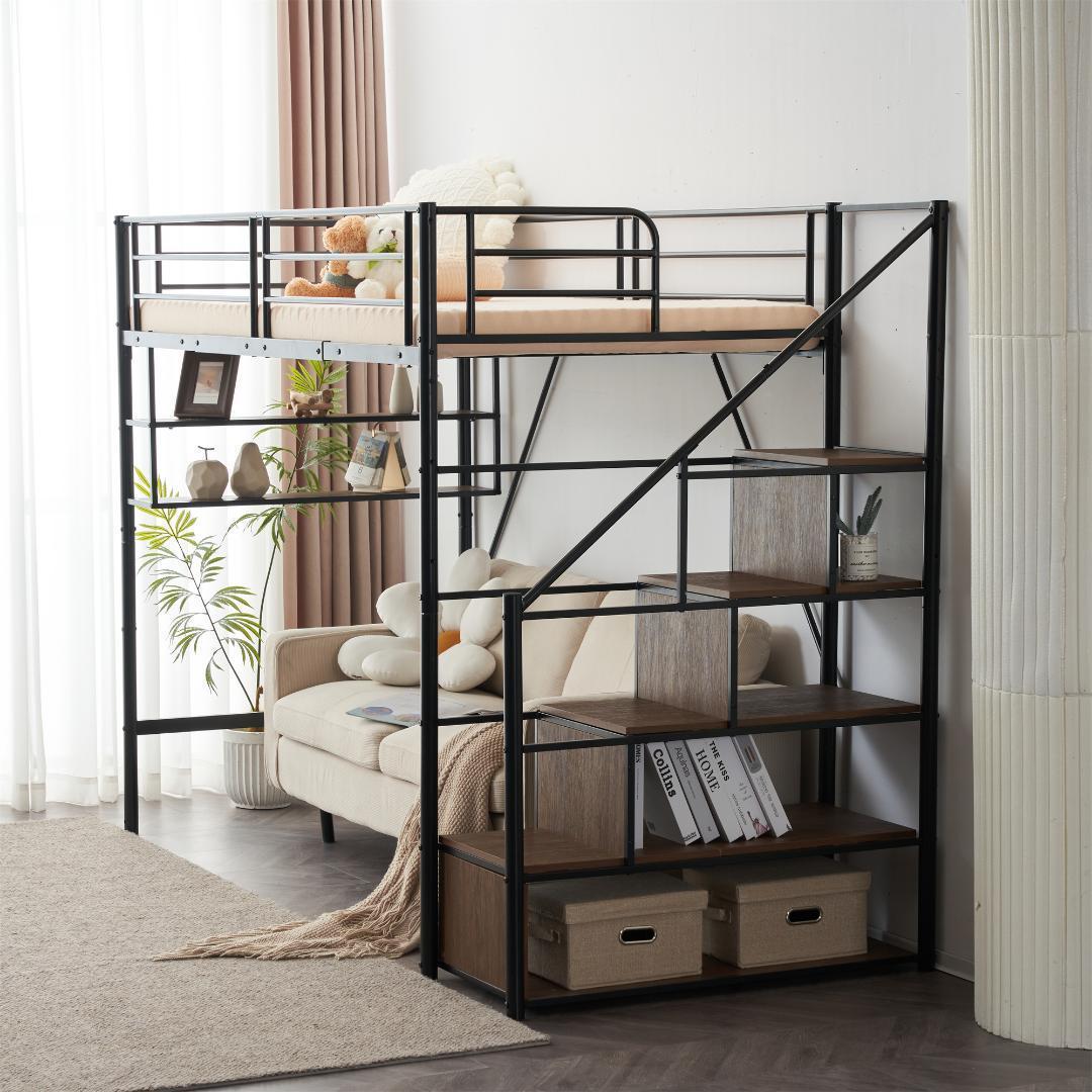 新作 ブラック　ロフトベッド 片側手すり付き 収納付き パイプベッド