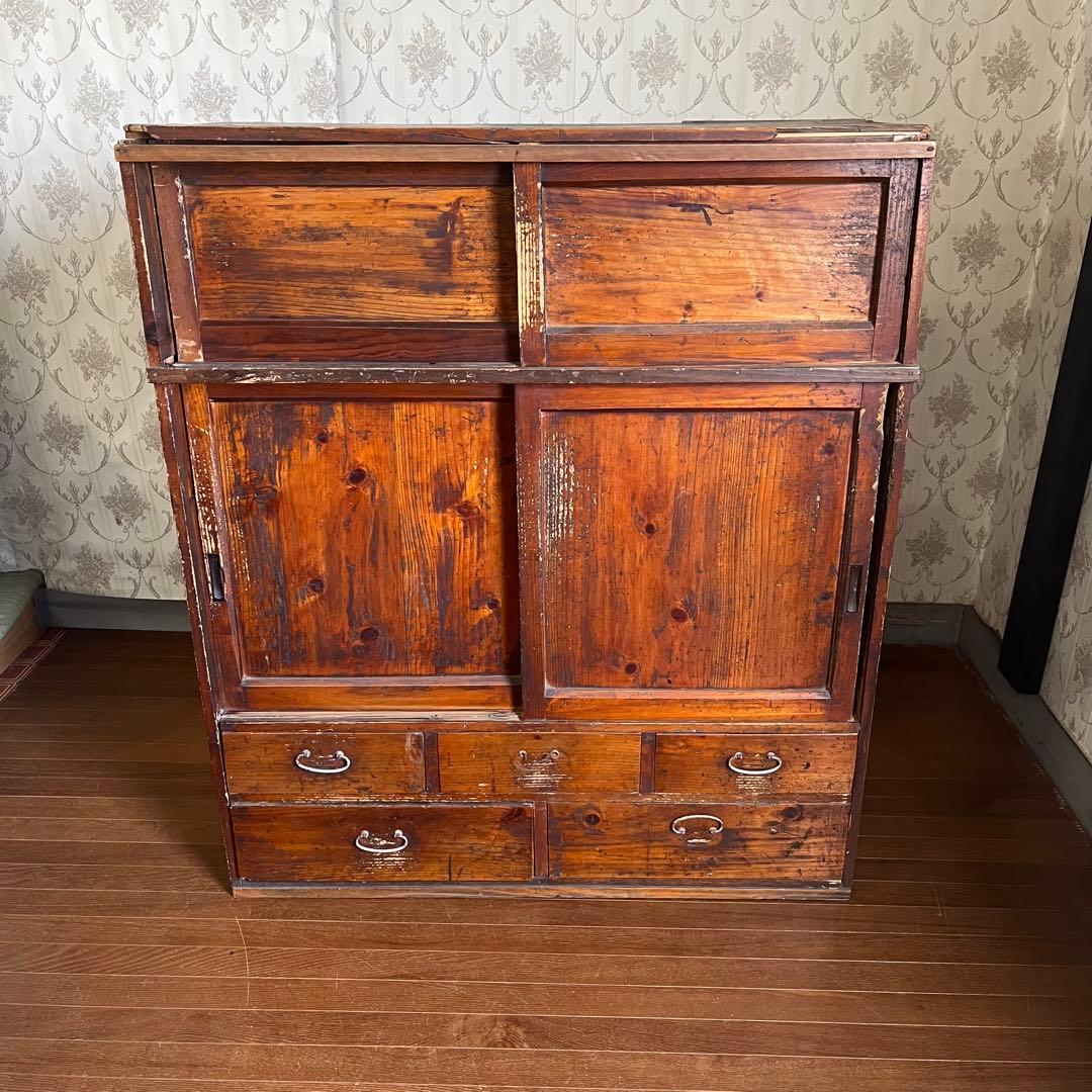【ジャンク】昭和レトロ 木製 水屋箪笥 小箪笥 引き戸 引き出し 古民家 古家具
