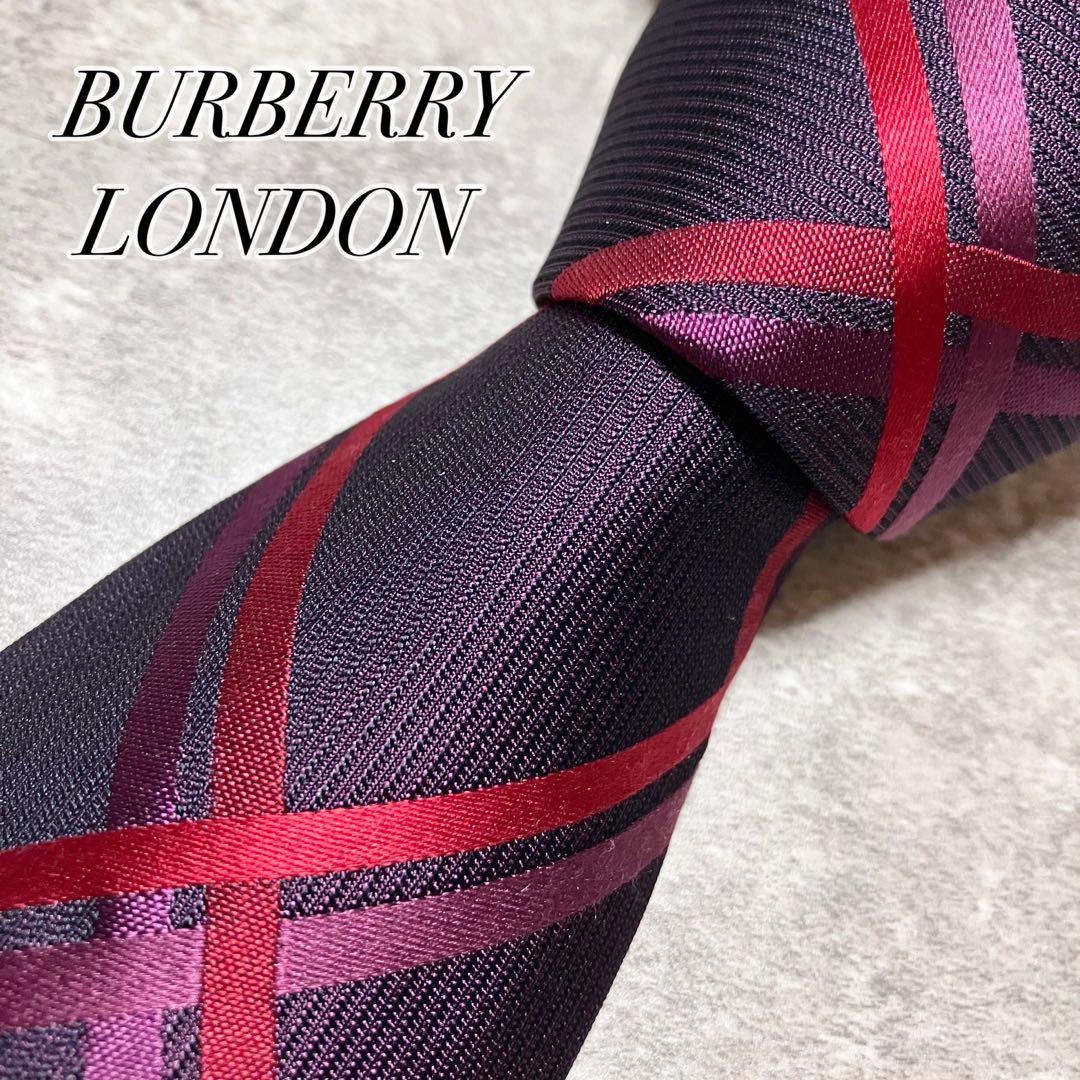 未使用級　バーバリーロンドン　ネクタイ　シルク　ノバチェック　パープル系　日本製