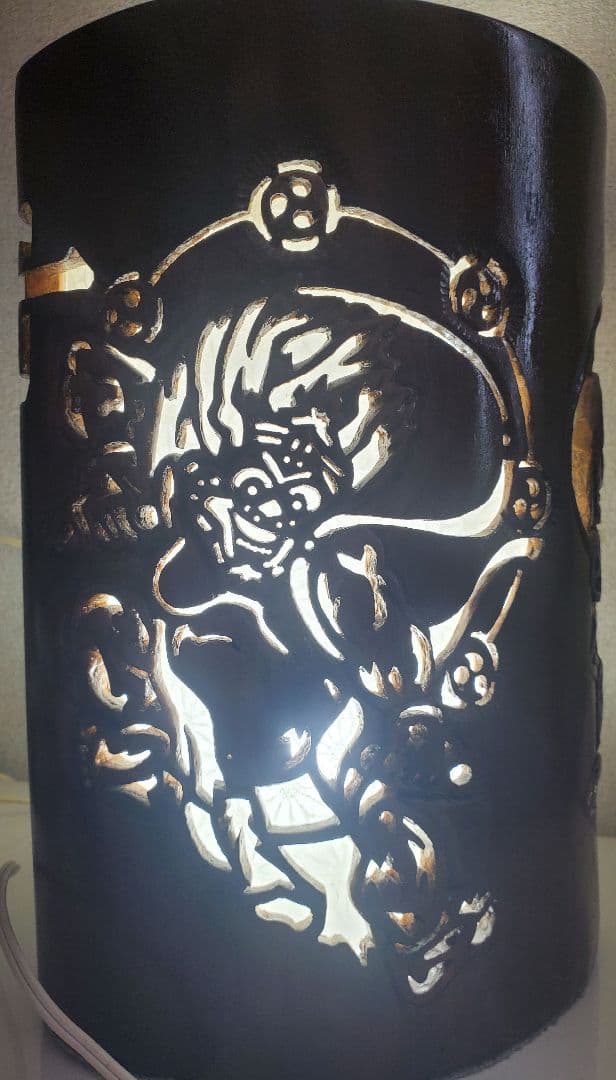 縁起物　希少蔵出し　風神　雷神　木製手彫り　彫刻入り置物 ライト付き