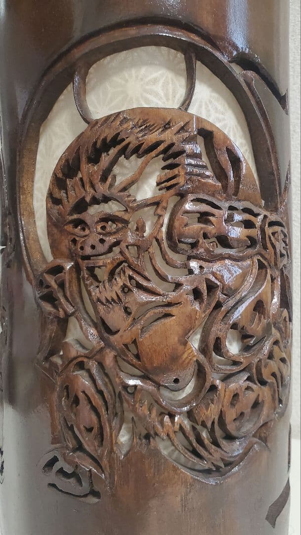 縁起物　希少蔵出し　風神　雷神　木製手彫り　彫刻入り置物 ライト付き