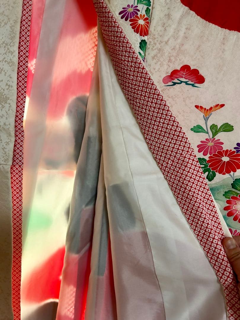 ★七五三 7歳 女の子 正絹 着物 古典柄 赤白 御所車 花柄 美品★