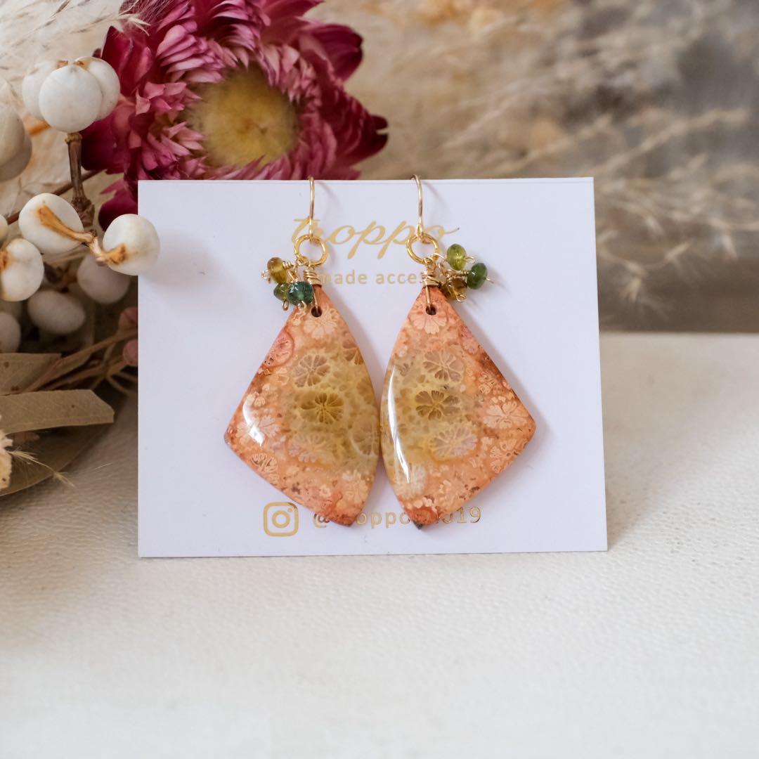 skygray 14kgfテラコットカラーフォッシルコーラルピアス