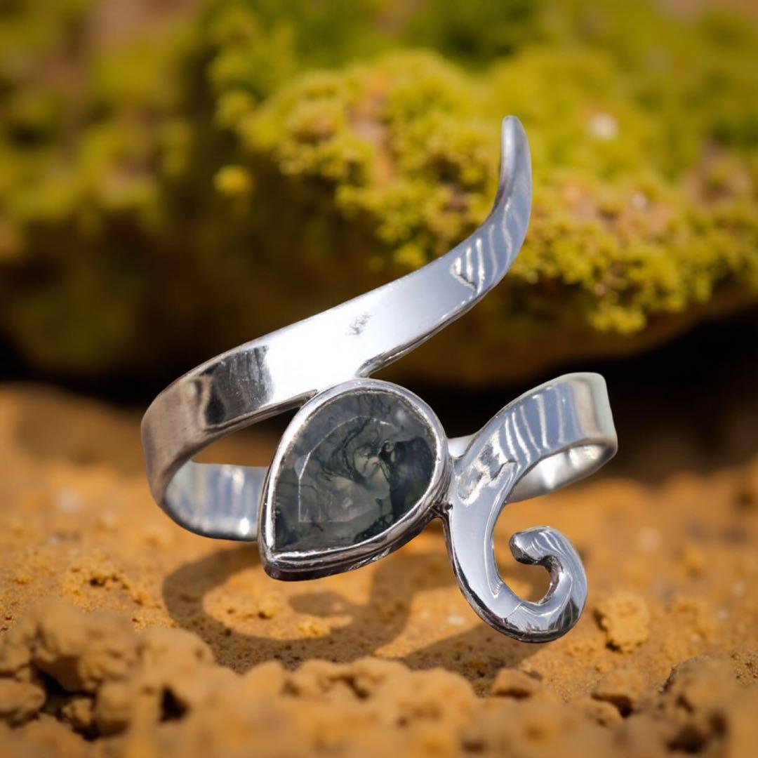 天然石リング、天然モスアゲート、シルバー925指輪、ハンドメイド