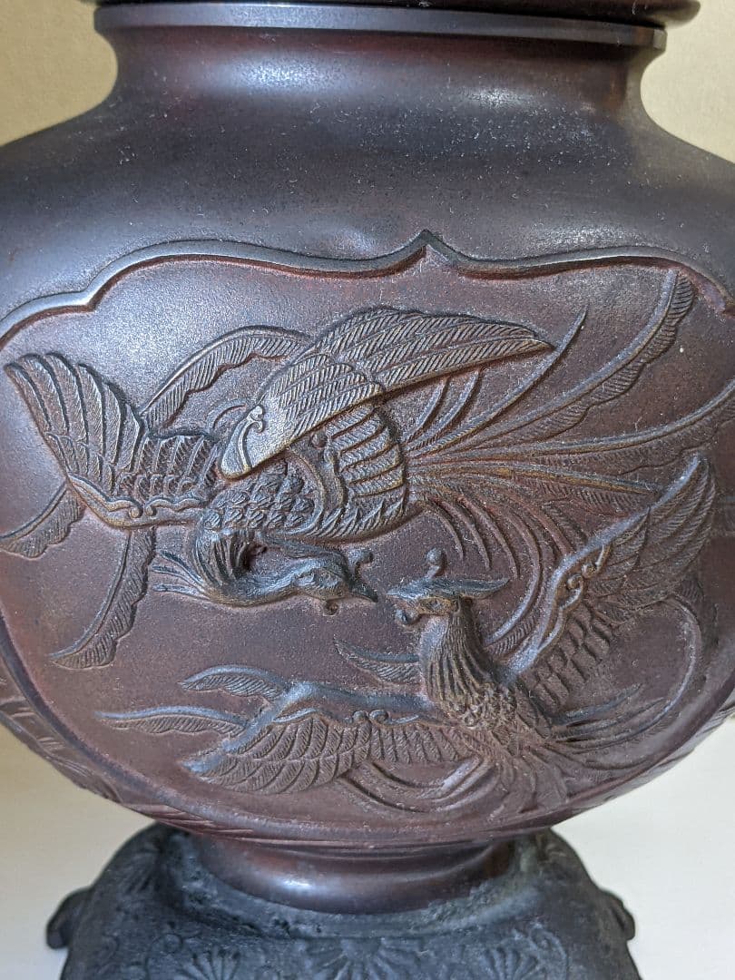 ♦高岡銅器 啓祐作 獅子飾り 鳳凰文 龍双耳 大香炉 唐銅 置物飾り 骨董品