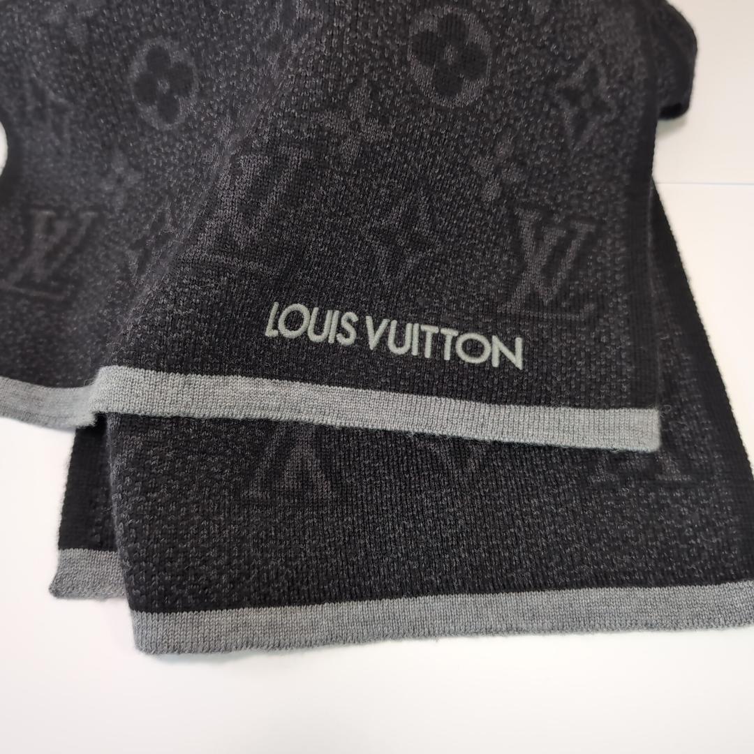 美品 ルイヴィトン モノグラム総柄 ウールマフラー 伊製 黒×濃灰 d107