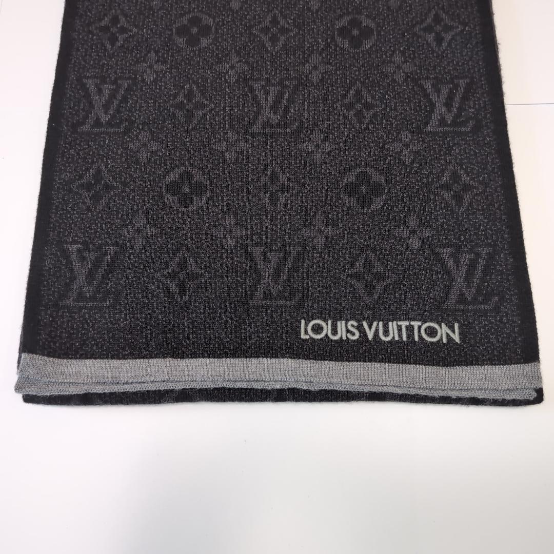 美品 ルイヴィトン モノグラム総柄 ウールマフラー 伊製 黒×濃灰 d107