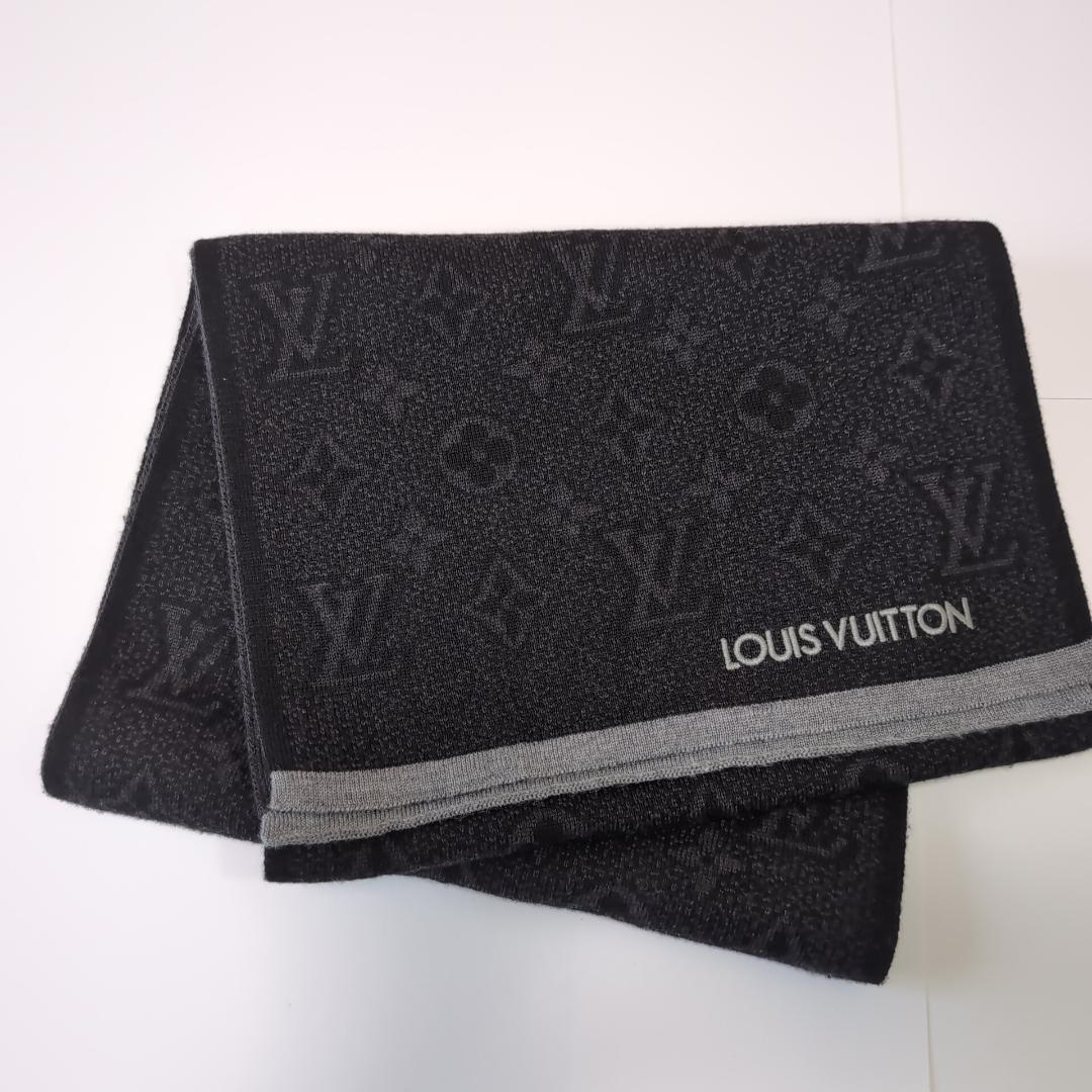 美品 ルイヴィトン モノグラム総柄 ウールマフラー 伊製 黒×濃灰 d107