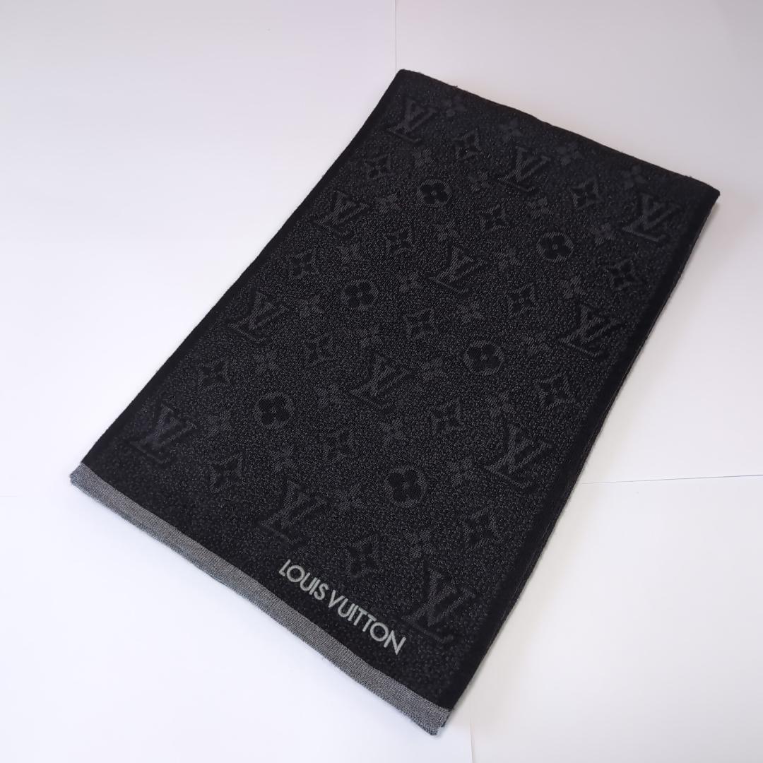 美品 ルイヴィトン モノグラム総柄 ウールマフラー 伊製 黒×濃灰 d107
