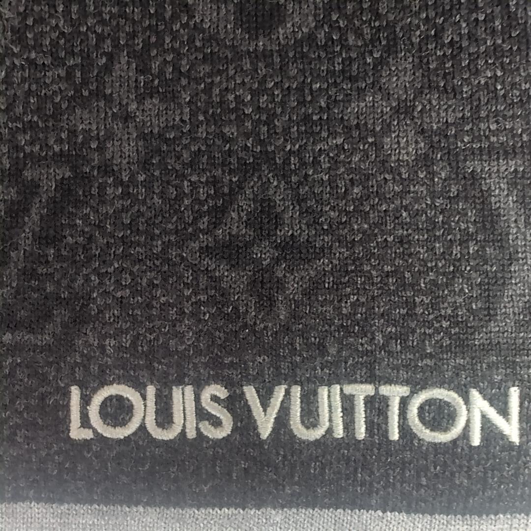 美品 ルイヴィトン モノグラム総柄 ウールマフラー 伊製 黒×濃灰 d107
