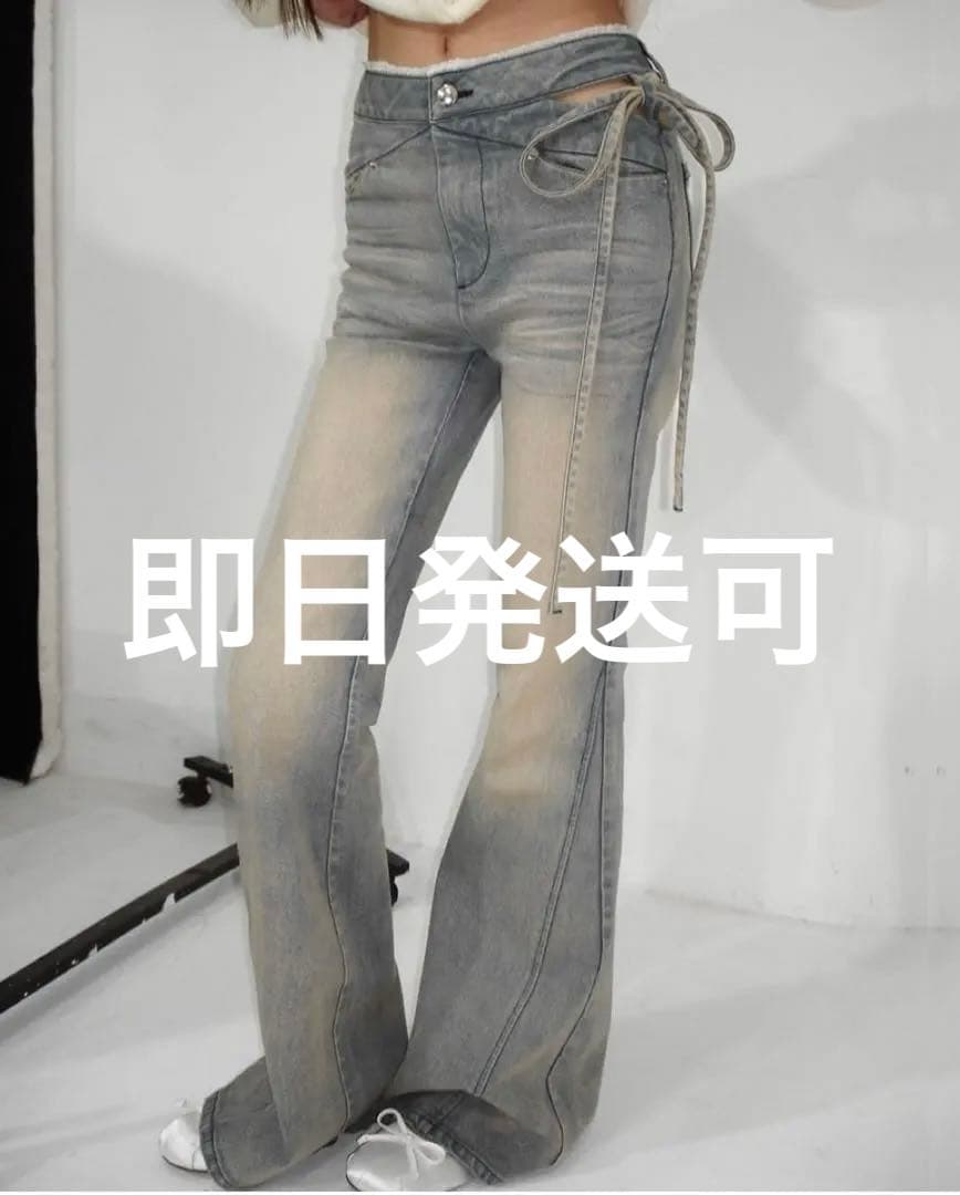 andwang Cut-Out Ribbon Flare Denim Sサイズ
