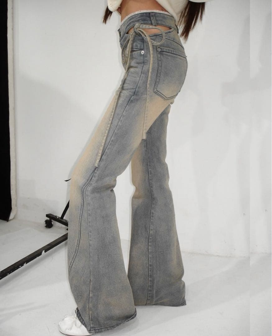 andwang Cut-Out Ribbon Flare Denim Sサイズ