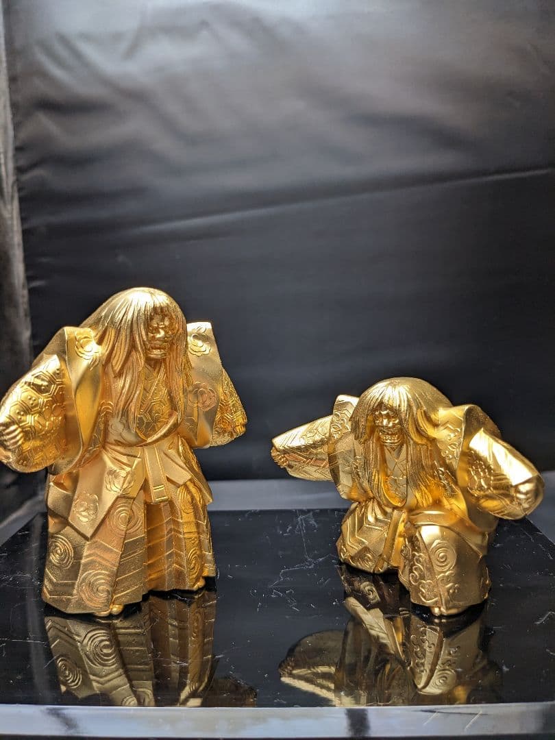tk☆a976、鋳銅製　能 連獅子　日本芸能　 24KGP置物　２体