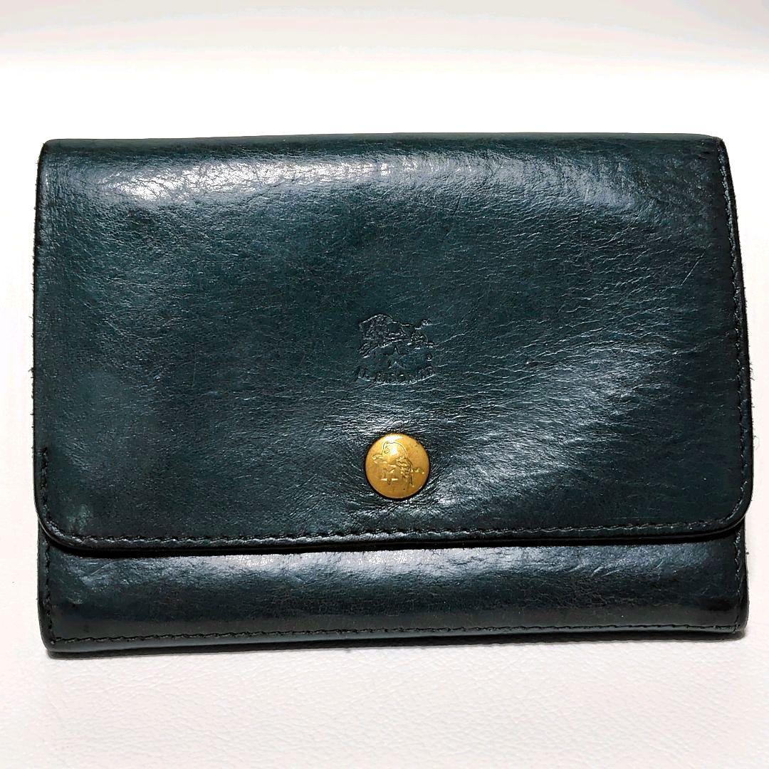 人気モデル✨　イルビゾンテ　折り財布　グリーン　レザー　金ボタン　ロゴ型押し