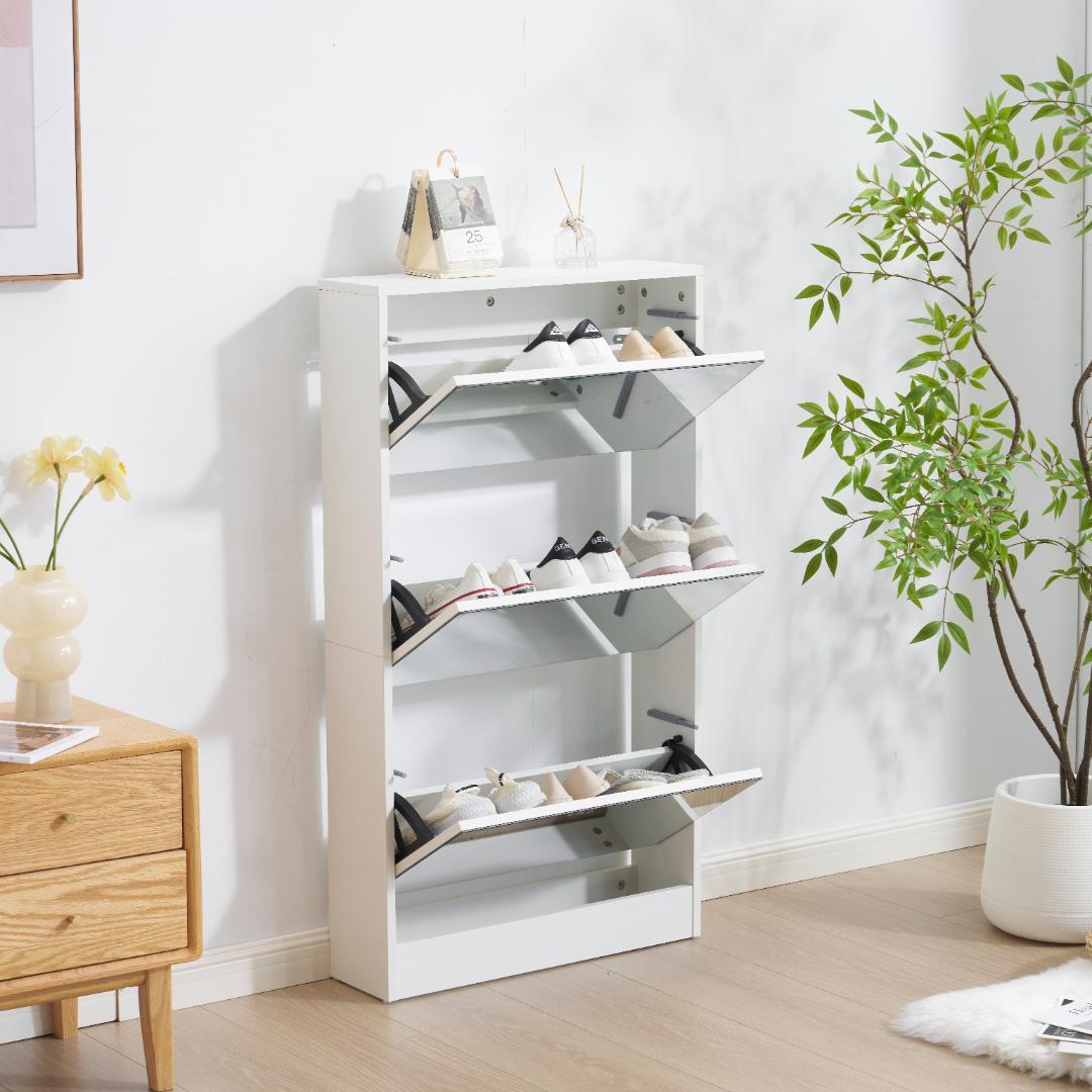 【新品】鏡付き3段シューズラック スリム玄関収納 倒れ防止 一人用