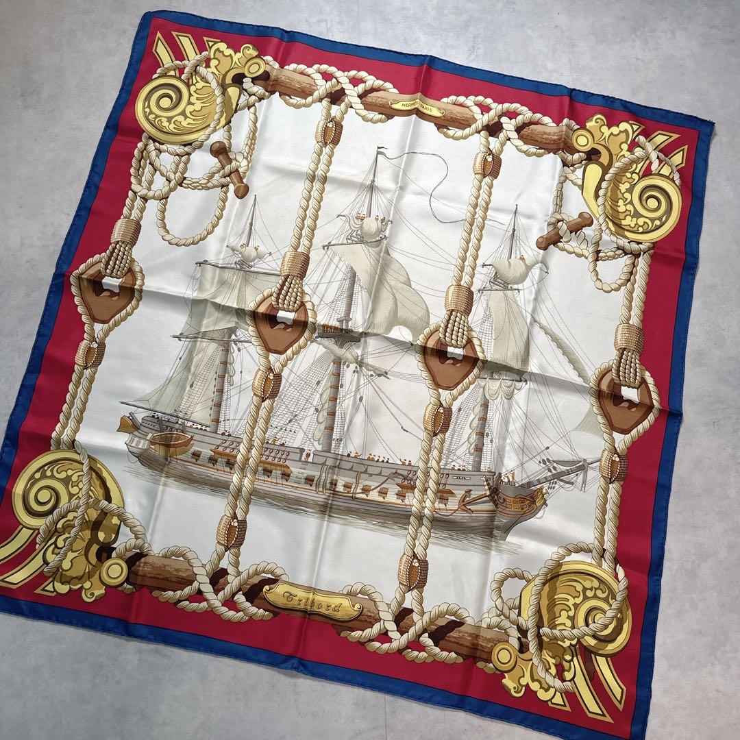 HERMES エルメス カレ90 スカーフ tribord 穂船 レッド系