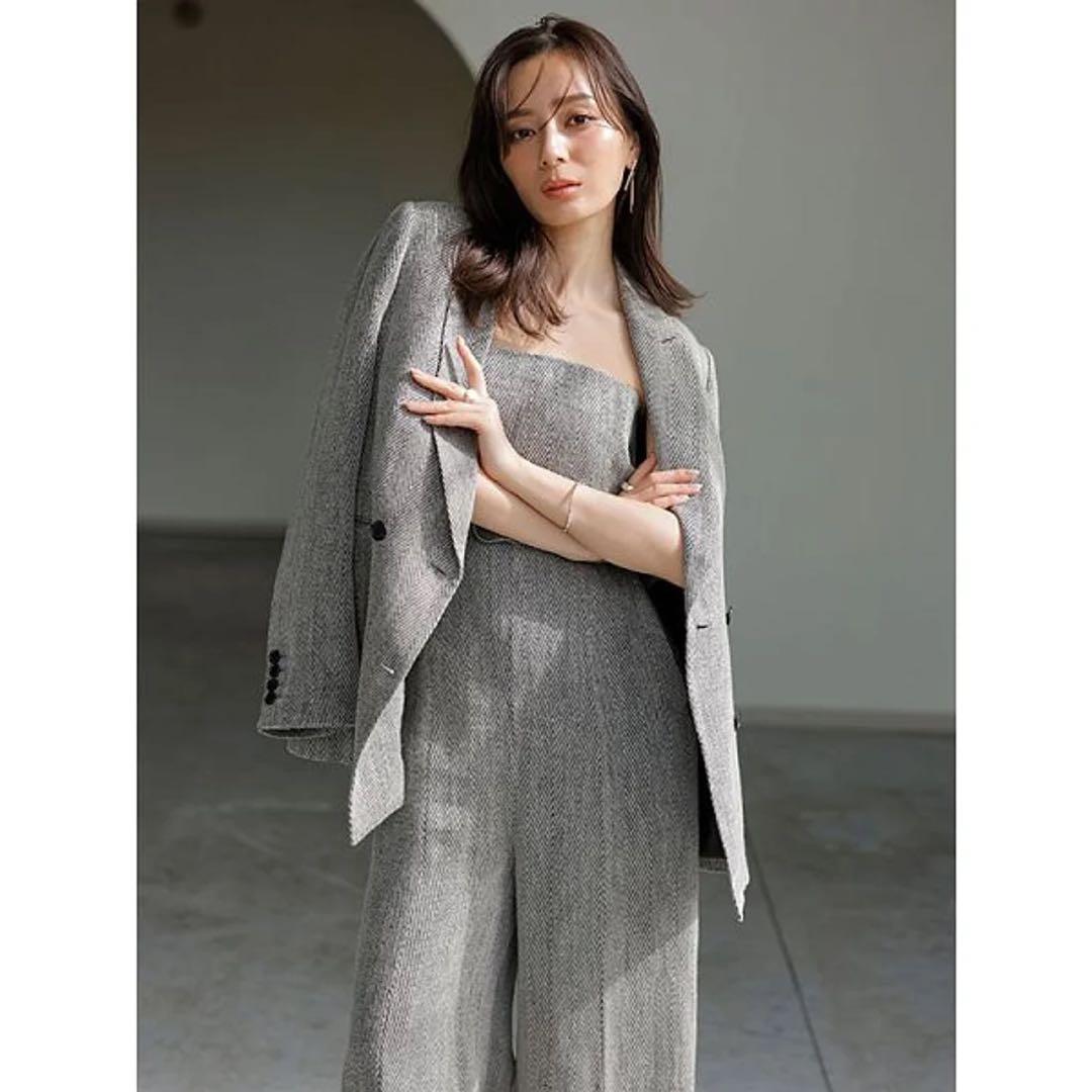 【タグ付き未着用】anuans ヘリンボーンリネンベアワイドオールインワン