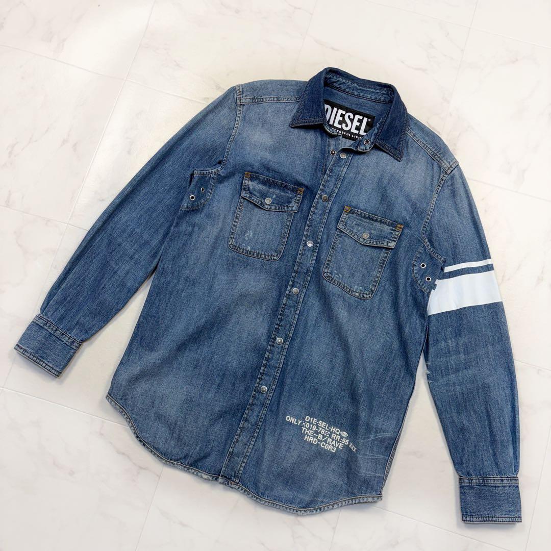 ディーゼル　ダメージ加工　刺繍　デニムシャツ　XS 長袖　170/88A 青