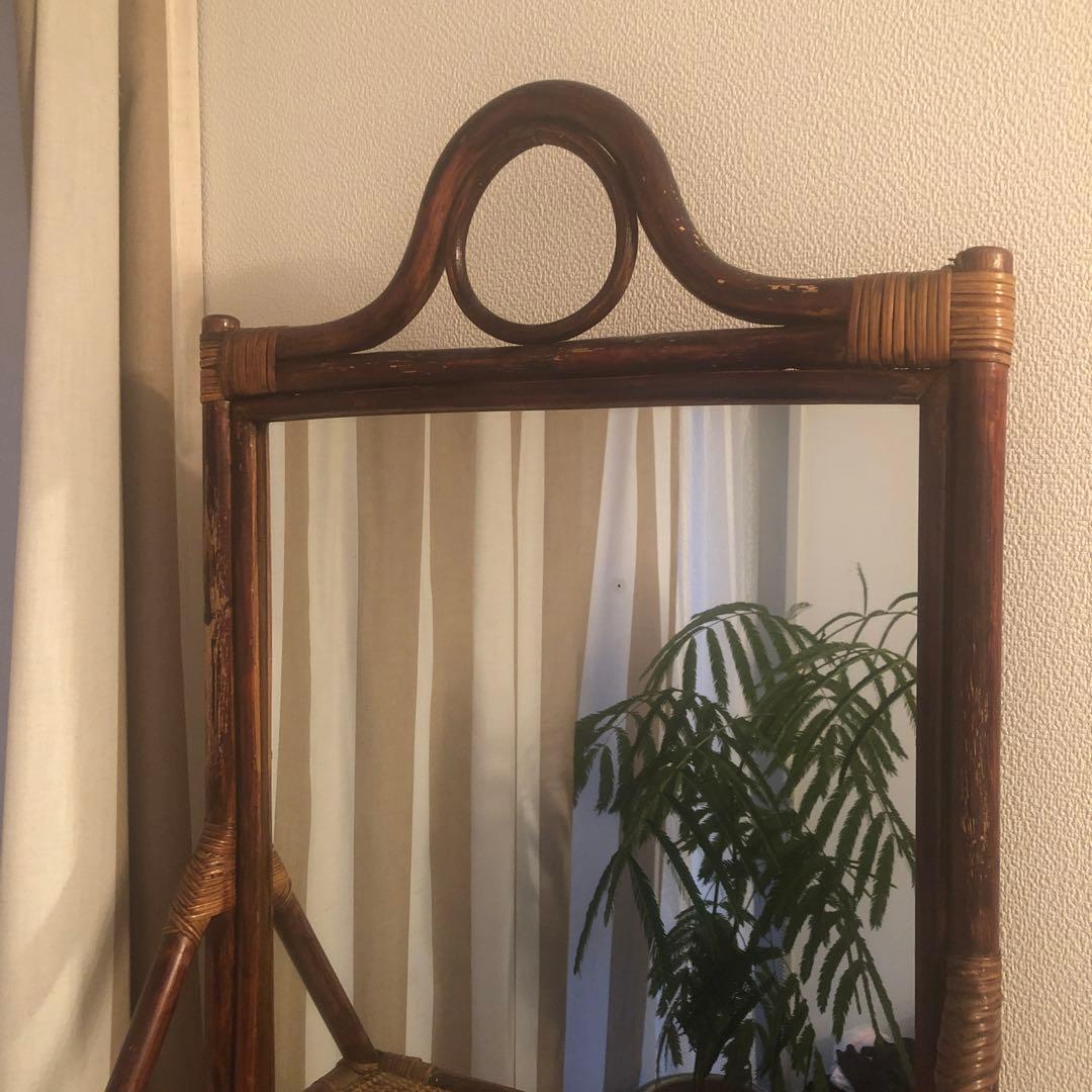 ヴィンテージ　ラタン　ミラー　立て掛け　壁掛け　タオルバー付き　籐　鏡