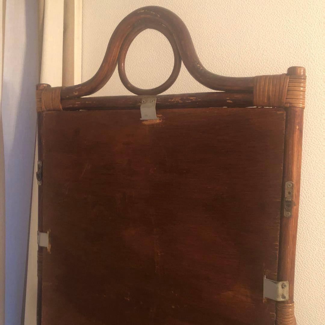 ヴィンテージ　ラタン　ミラー　立て掛け　壁掛け　タオルバー付き　籐　鏡