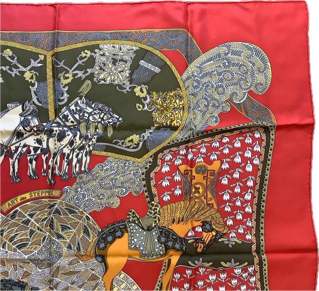 さ*こ様 【美品】HERMES エルメス スカーフ バンダナ 馬柄 レッド系