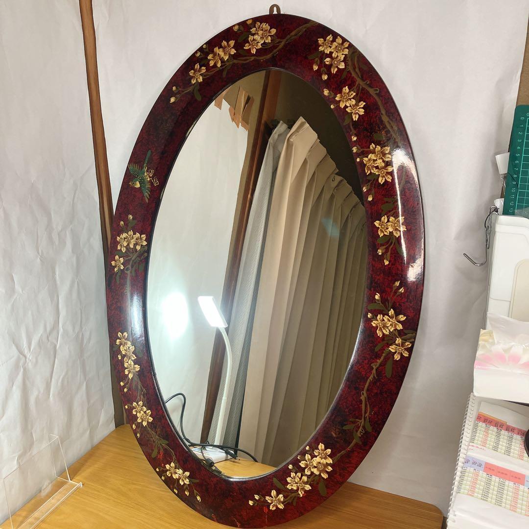 大型 ウォールミラー 鏡　楕円形 花柄 レトロ 壁掛けミラー インテリア