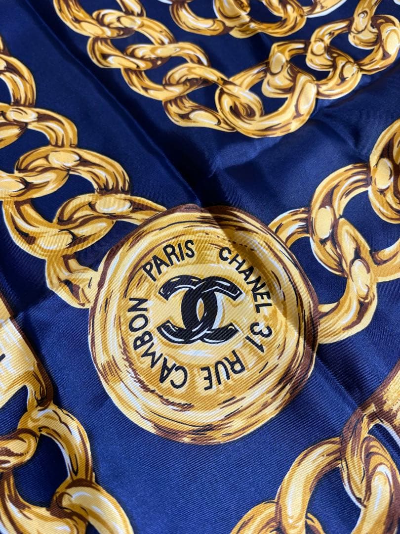 CHANEL チェーン柄 スカーフ ネイビー